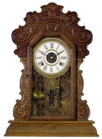 Press Carved Oak 1900 Era Kitchen Clock w/Alarm