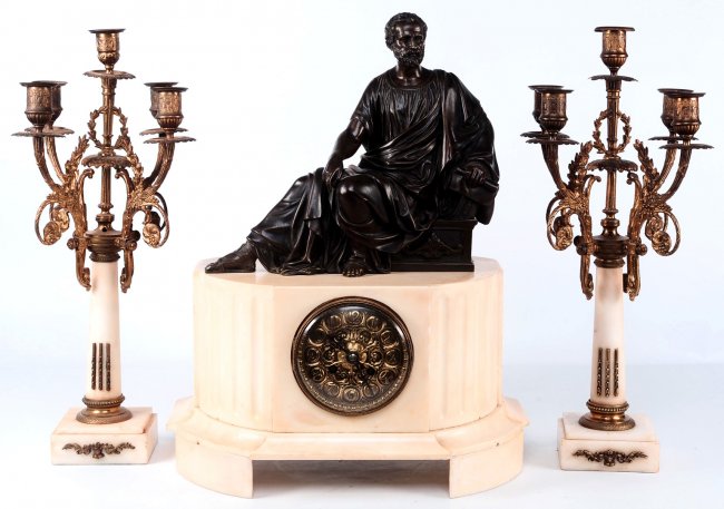 FRENCH MARBLE AND BRONZE CLOCK SET SIGNED H. LUPPENS
