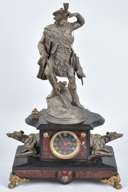 FRENCH FIGURAL HUNTER and DOGS MARBLE CLOCK