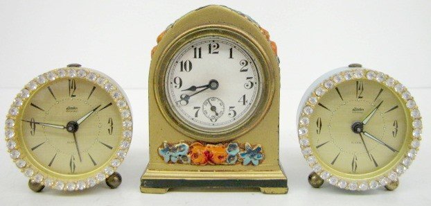 Group of 3 Decorative Metal Keywind Alarm Clocks
