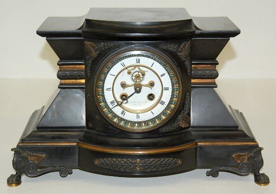 French Black Marble & Bronze Mantle Clock