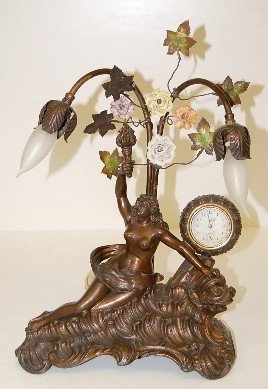 New Haven Art Nouveau Bronzed Statue Clock/Lamp