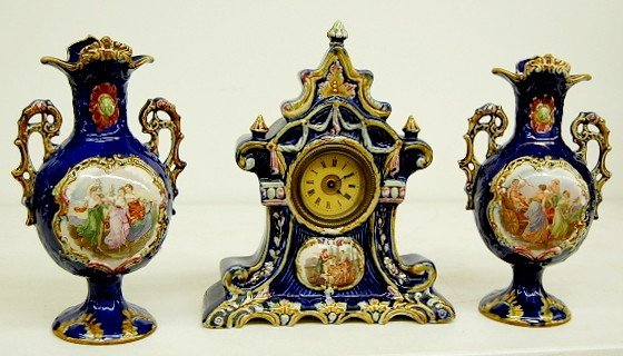 3 Piece Pottery Clock & Vase Set