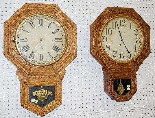 2 Antique Oak Short Drop Schoolhouse Clocks