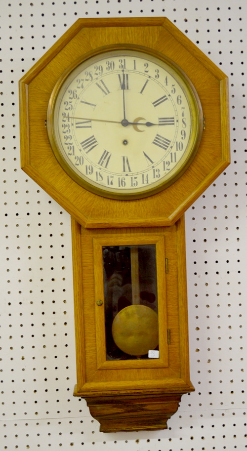 Antique Long Drop Oak Schoolhouse Calendar Clock