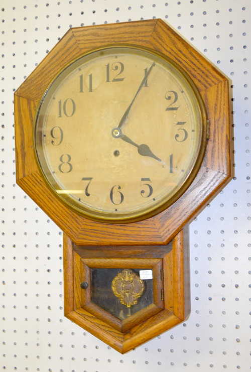 Antique Waterbury Short Drop Oak Schoolhouse Clock