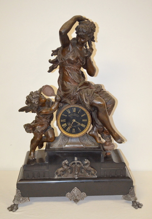 Antique French Vincenti Lady & Cherub Statue Clock