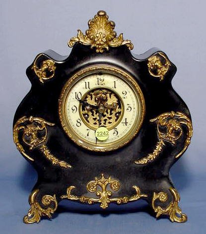 Waterbury Black Enameled Metal Mantle Clock