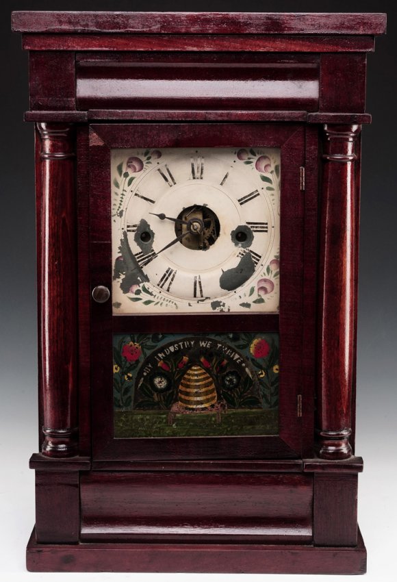 SETH THOMAS MINIATURE COLUMN AND CORNICE SHELF CLOCK