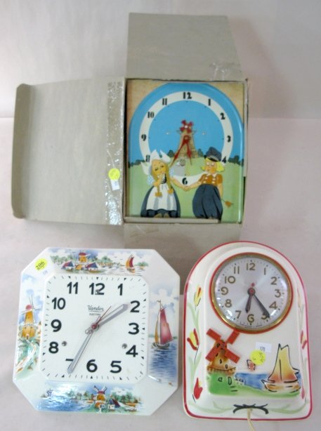 3 Vintage Ceramic & Tin Litho Dutch Scene Clocks