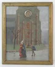 Oil Painting on Board Wall Clock, Medieval Church
