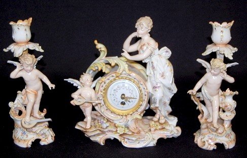 3pc Porcelain Cherub Figural Clock Set