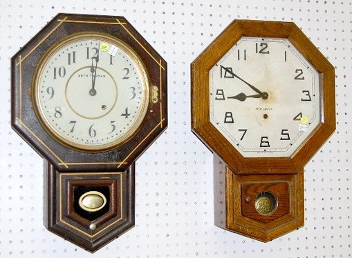 2 Antique Short Drop Schoolhouse Clocks
