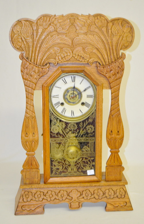 Antique Waterbury Pressed Oak Kitchen Clock with Alarm