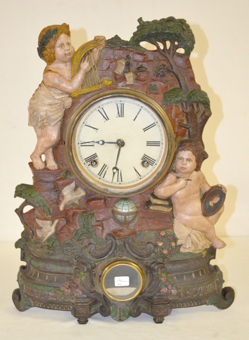 Antique Cherub Figural Iron Front Shelf Clock