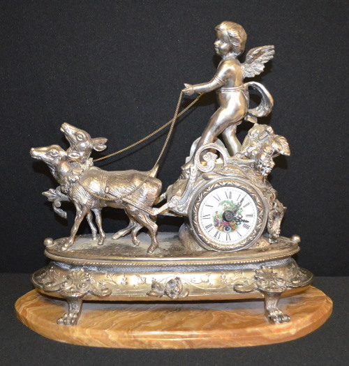 Antique German Cherub and Goat Statue Clock on Marble Base