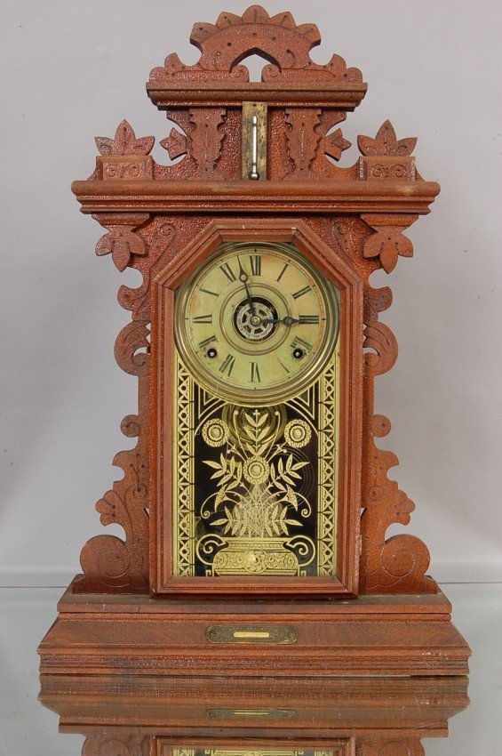 Fancy Oak Mantel Clock with Thermometer