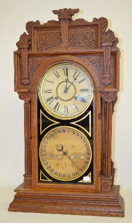 Waterbury No. 43 Double Dial Oak Calendar Clock