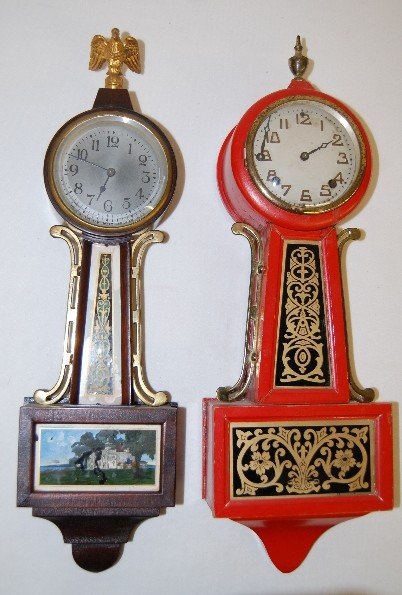 2 Miniature New Haven Key Wind Banjo Clocks