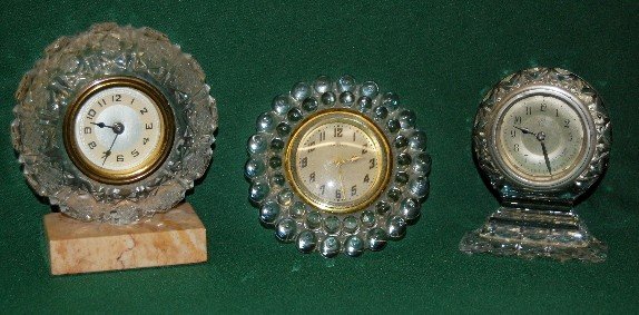 3 Pressed Glass Novelty Dresser Clocks