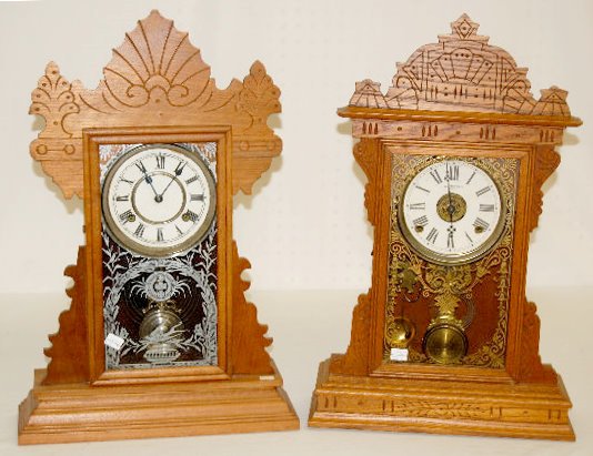 2 Antique Oak Kitchen Clocks, Gilbert +