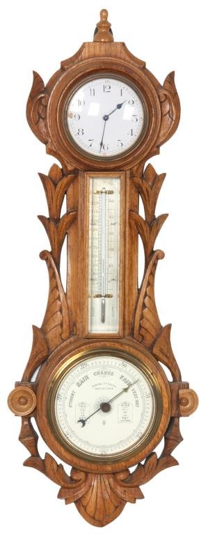 Carved Oak Barometer & Clock