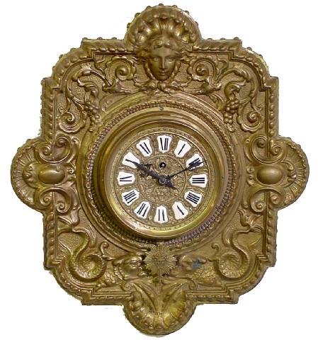 French Repousse Brass Wall Clock, 19th Century