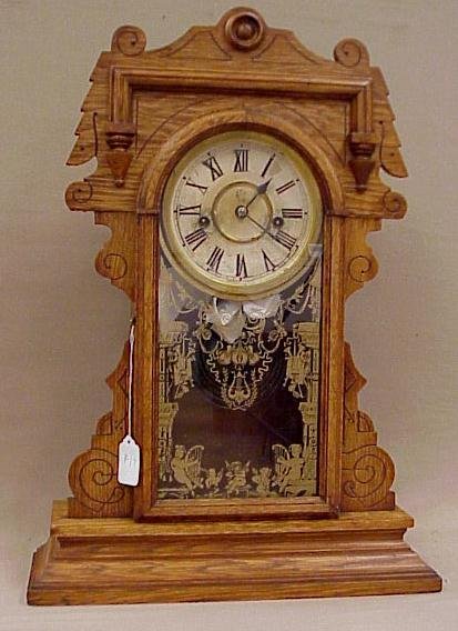Waterbury Kitchen Clock, Oak Gingerbread Case, 21″