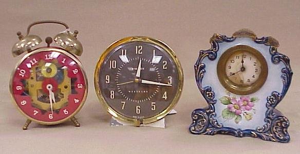 Grouping of 3 Clocks-2 Alarm Clocks,  1 Porcelain