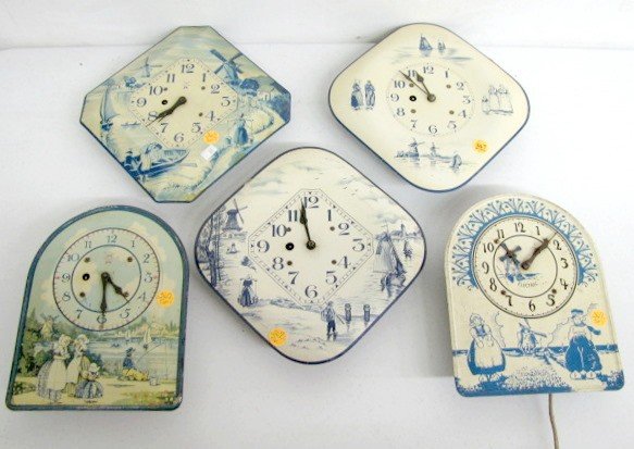 5 Tin Front Delft Style Wall Clocks