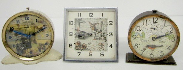 3 Antique Animated Alarm Clocks