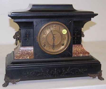 Enamel Marbleized Lion Head Mantle Clock