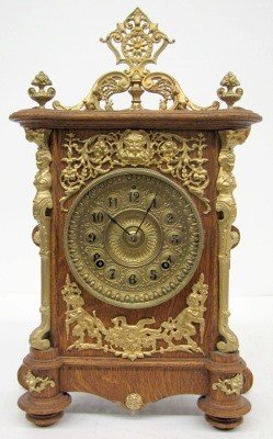 Ansonia Cabinet “B” Clock, Oak W/ Metal Trim