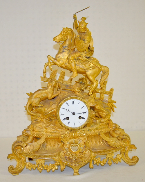 Antique French Gilt Statue Clock w/Hunter & Mountain Lion