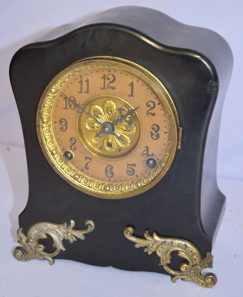 Antique Kroeber “Diamonds” Enameled Iron Shelf Clock