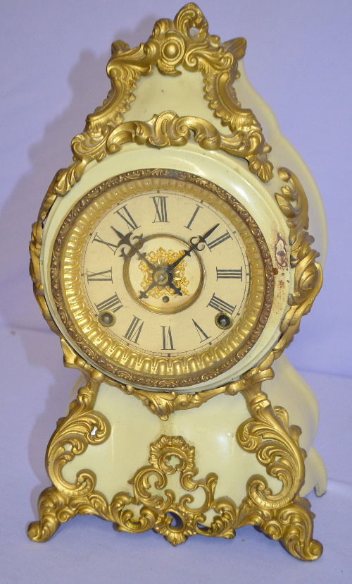 Antique Kroeber “Louis XIV” Cream Enameled Iron Shelf Clock