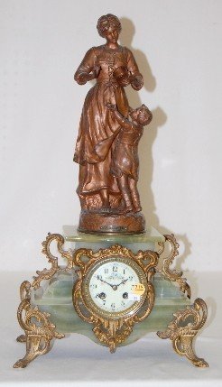 A.D. Mougin French Onyx Lady & Child Statue Clock