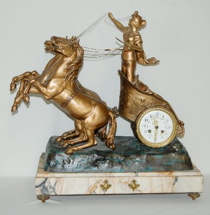 French Marti 3 Horse Chariot Clock on Marble Base