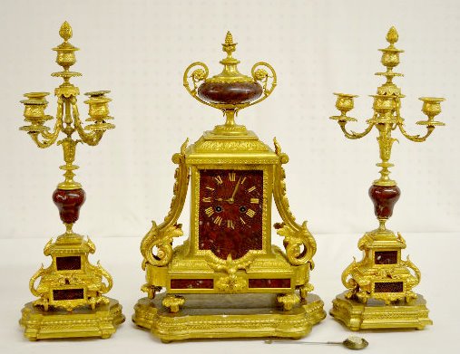 Japy Freres Bronze & Marble Clock Garniture Set