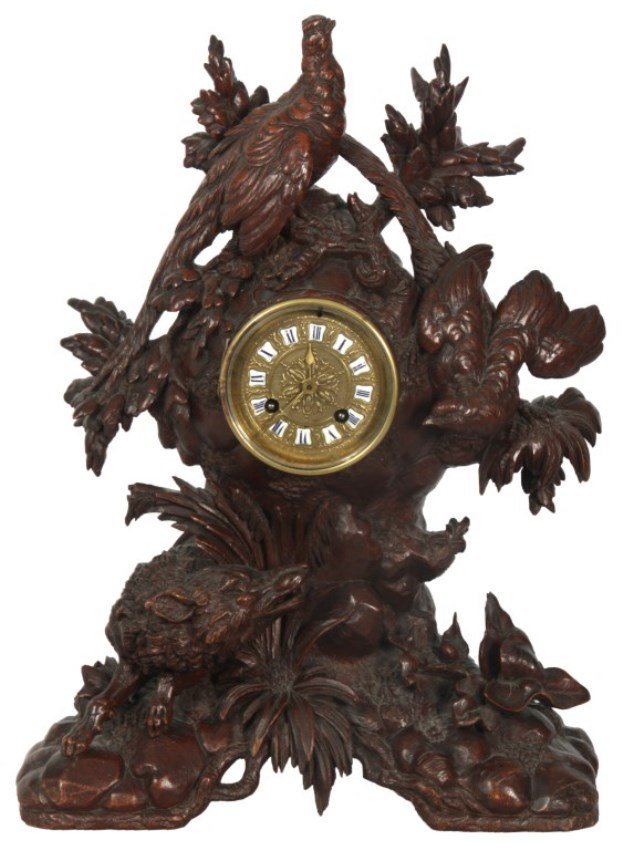 Figural Carved Black Forest Mantle Clock