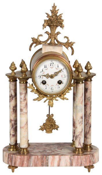 French Marble & Brass Column Mantle Clock