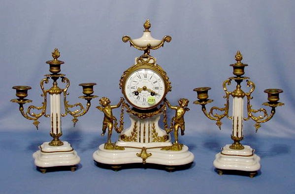 3 Pc. Japy Freres Bronze and Marble Clock Set