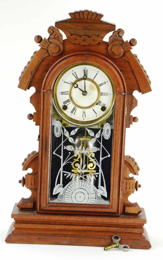 Antique Gingerbread Mantle Clock, Reverse Paint