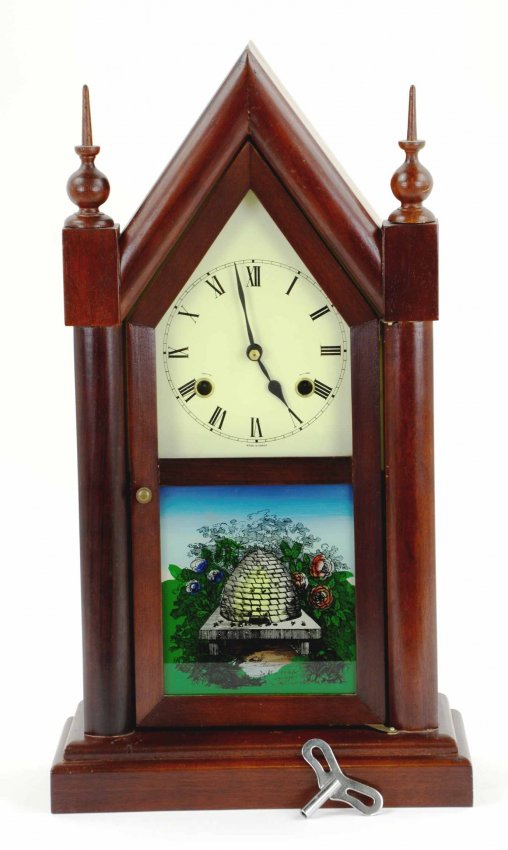 Vintage Wood Steeple Clock w/ Reverse Paint of Bee Hive