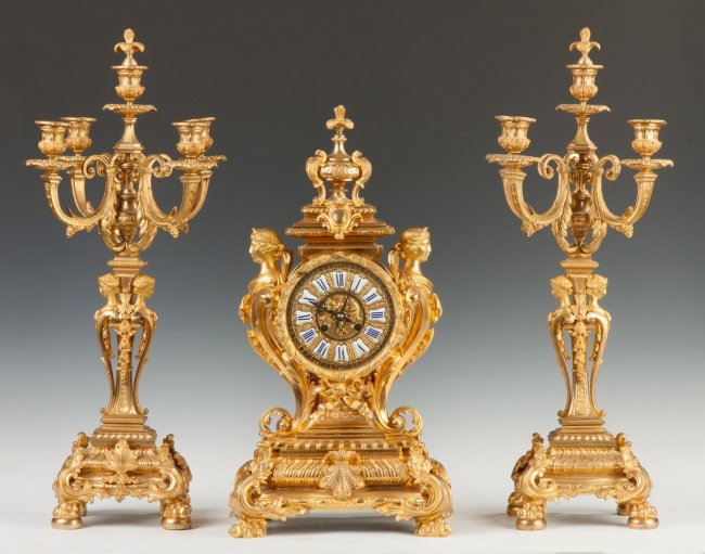 French Gilt Bronze Three Piece Clock Set