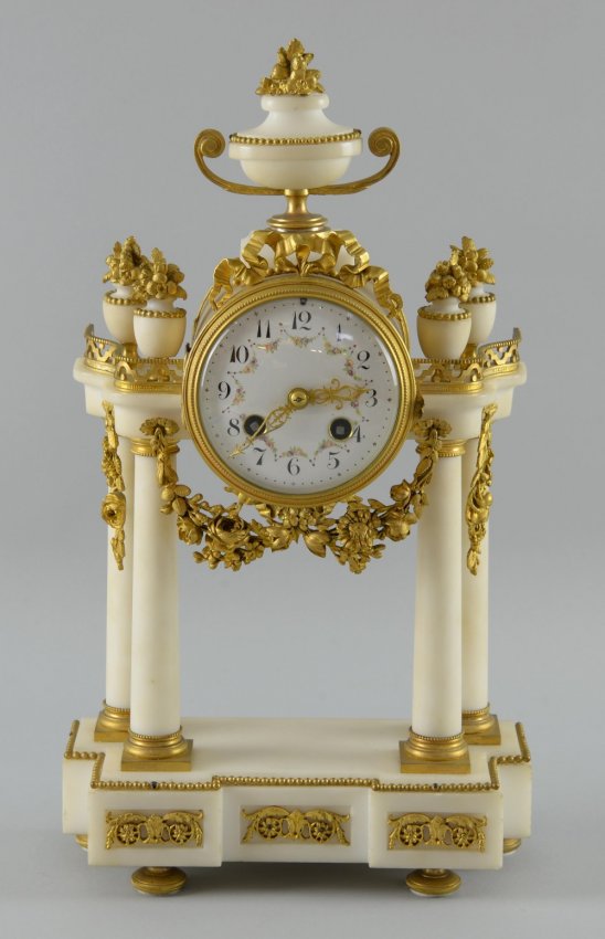 French white marble and gilt metal portico clock