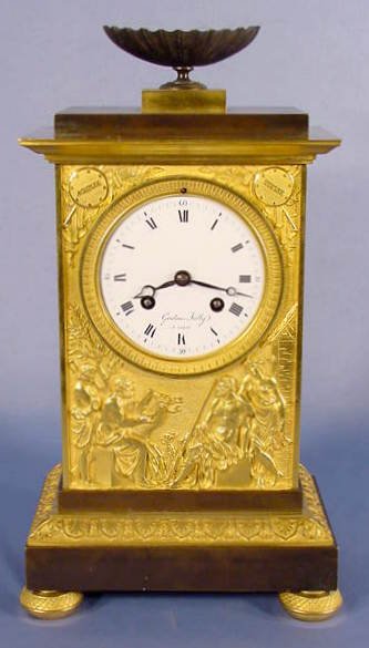 French Dore & Bronze Clock w/Silk String Suspen.