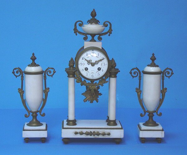 French White Marble Portico Clock Set