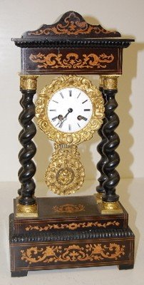 French Empire Inlaid Wood Portico Clock
