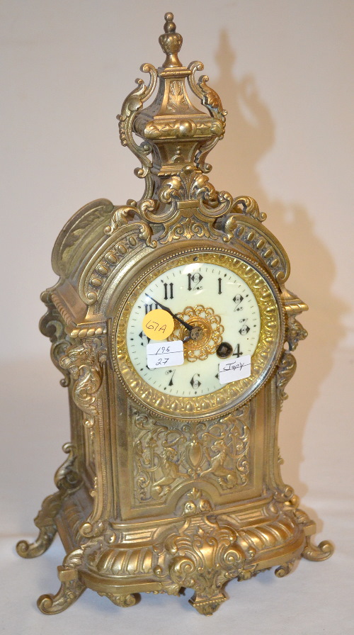 Antique Brass Rampant Lion Clock With Japy Freres Movement